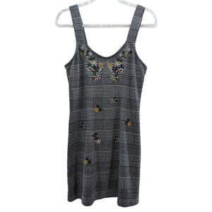 Topshop Dress 10 Houndstooth Embroidered Floral Mini Dress White Black Yellow